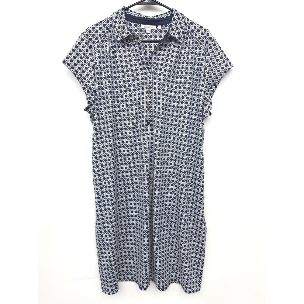 Chico's Classic Geometric Cane Print Shift Dress Travel Womens XL Navy Blue